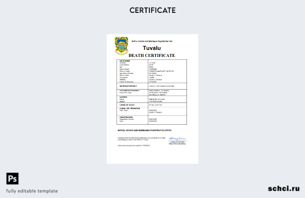 цифровая загрузка свидетельства о смерти Тувалу в формате Word и PDF шаблона